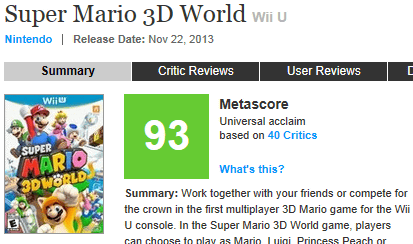 Wii U「スーパーマリオ 3Dワールド」は、metacriticの海外レビューのまとめでは、現在のところ93点となっており、高い得点