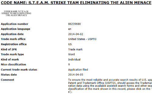 任天堂が、「Code Name: S.T.E.A.M. Strike Team Eliminating the Alien Menace」という商標を登録していることが明らかになっています