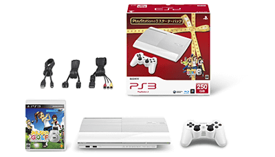 　「PlayStation3 スターターパック チャコール・ブラック」、「クラシック・ホワイト」、新型PS3本体とPS3ソフト「みんなのGOLF 6」とのセットパッケージ