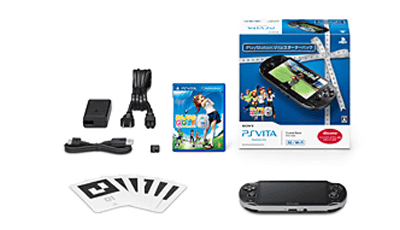 「PlayStation Vita スターターパック」は、黒の3GモデルのPSVITAに、「みんなのゴルフ６」のゲームソフト、メモリーカード4GBがセットになったパッケージ