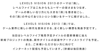 「Lv5 VISION 2013『渦』」というもので、新プロジェクトの発表、新作ソフトの試遊、T-Pistonz+KMCのライブなどが予定