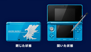 3DS本体は、LLではない通常版の3DSで、ライトブルーをベースにモンハン４用の特別デザイン