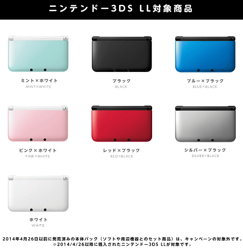 対象のニンテンドー3DS LL本体は、上の７パッケージで、2014年4月26日（土）以前に発売された、3DS LL本体の同梱版やセットパッケージは対象外