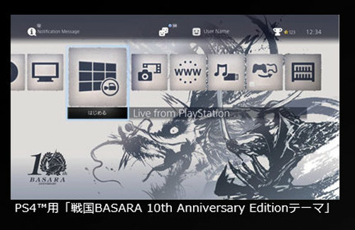 この本体には、PS4用「戦国BASARA 10th Anniversary Editionテーマ」プロダクトコードも付属し、メニューを戦国BASARA10周年記念デザインにすることが可能