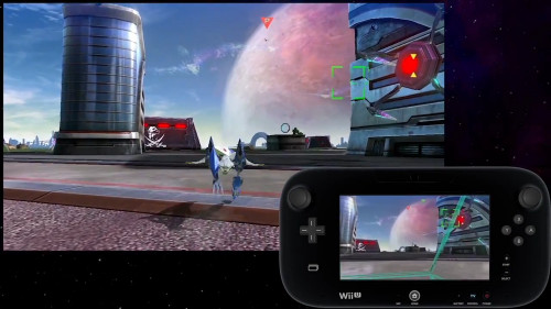 今作の特徴としては、テレビ画面を見ながら飛行し、WiiUのゲームパッドのコックピット画面で敵を狙い撃つという、異なる２つの視点を使った操作性です
