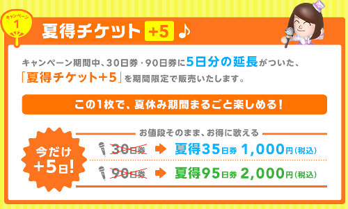 「『Nintendo×JOYSOUND Wii カラオケ U』真夏の得トクキャンペーン」では、まず、キャンペーン期間中、30日券、90日券に5日分の延長が付いたチケットが販売されます