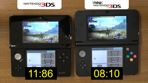 動画は、モンハンクロスの処理速度を、普通の3DSとNew 3DSで比較