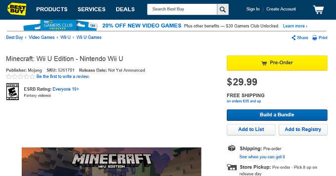 「Minecraft : Wii U Edition」のパッケージ版の予約が、海外で始まっています