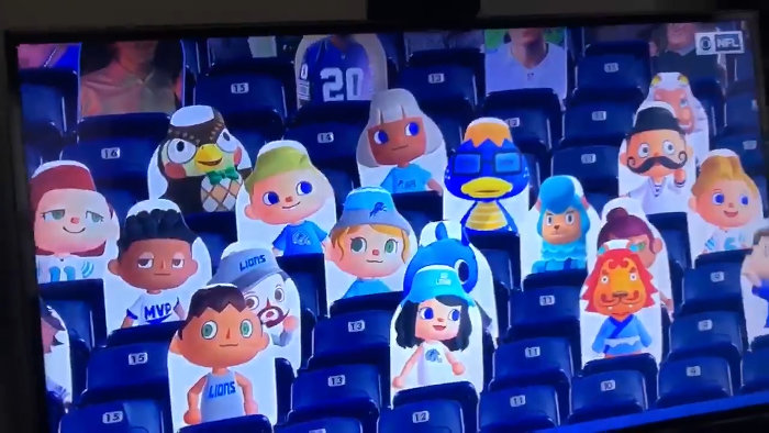 アメリカンフットボール「NFL」の「デトロイト・ライオンズ」対「インディアナポリス・コルツ」の試合の観客席に、「あつまれ どうぶつの森」のキャラクター