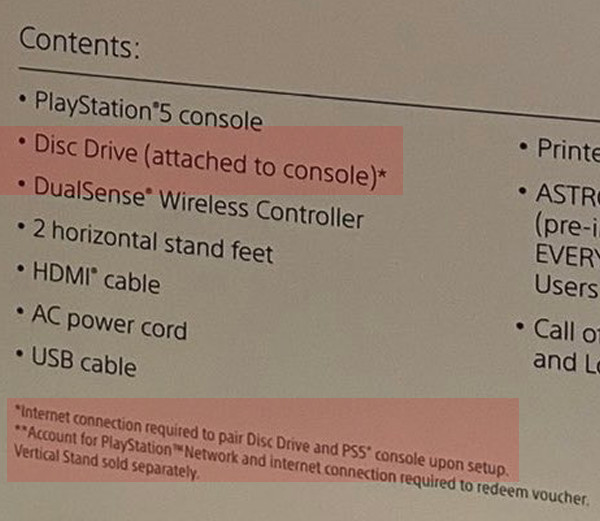 そのパッケージには、「ディスクドライブは最初からPS5本体に装着されています。しかし、PS5をセットアップする過程でネット認証によるペアリングが必要です」というような注意書き