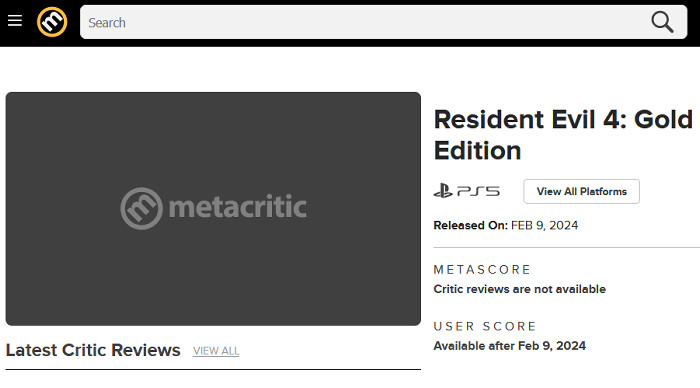 「バイオハザード RE:4、ゴールドエディション」は、「Resident Evil 4: Gold Edition」という表記になりますが、海外のメタスコアのサイトなどにページが作られている状態に