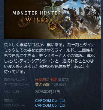 「モンスターハンター ワイルズ」は、現在、Steamの最近のレビューが「圧倒的に不評」というものになっています