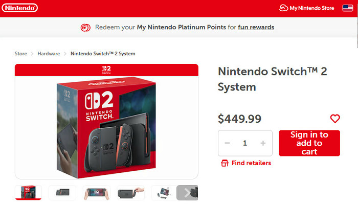 アメリカのマイニンテンドーストアでニンテンドースイッチ2本体が予約や抽選などなしで普通に買えるようになったというもの