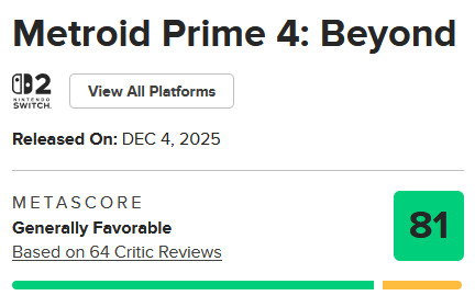 海外レビューまとめのメタスコアによると、「メトロイドプライム4」は100点満点中81点の評価を得ています