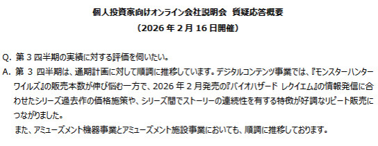 カプコンの個人投資家向けのオンライン会社説明会の質疑応答が公開され、「モンスターハンターワイルズ」の販売状況についてカプコンが再び公式見解を