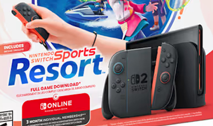 今回の同梱版は、「Nintendo Switch Sports Resort」のデザインが描かれた特別な箱に入った状態になっているものの、本体やドック、ジョイコンなどは「Nintendo Switch Sports Resort」のデザインなどではなく普通のスイッチ2本体